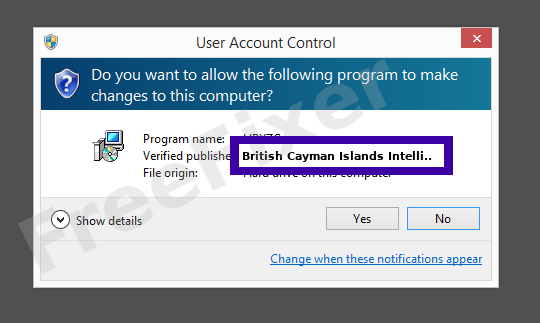 Screenshot where British Cayman Islands Intelligo Technology Inc. Taiwan Branch appears as the verified publisher in the UAC dialog